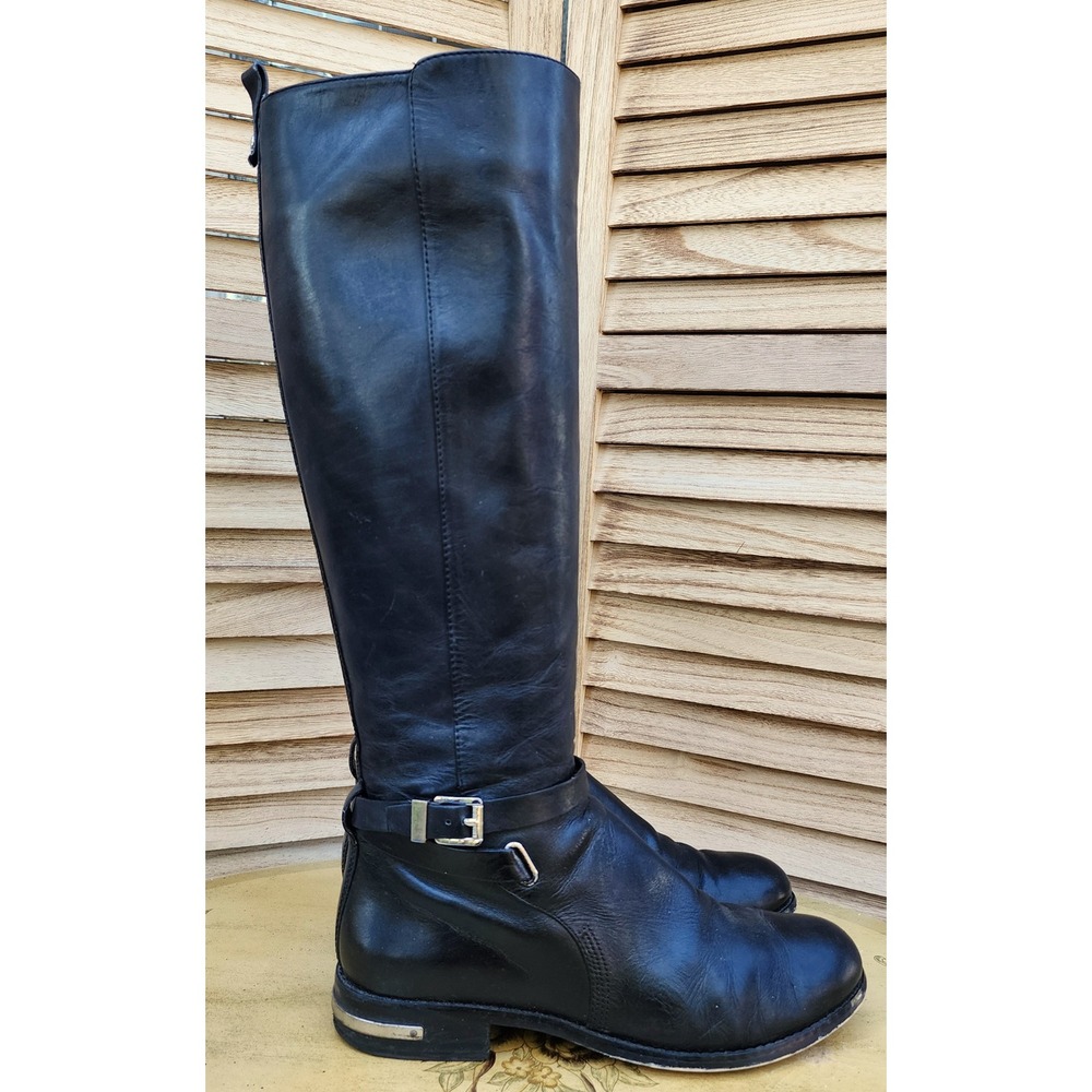 Michael Kors US 8.5 Black Leather Tall Riding Equestrian Boots Buckle Preppy